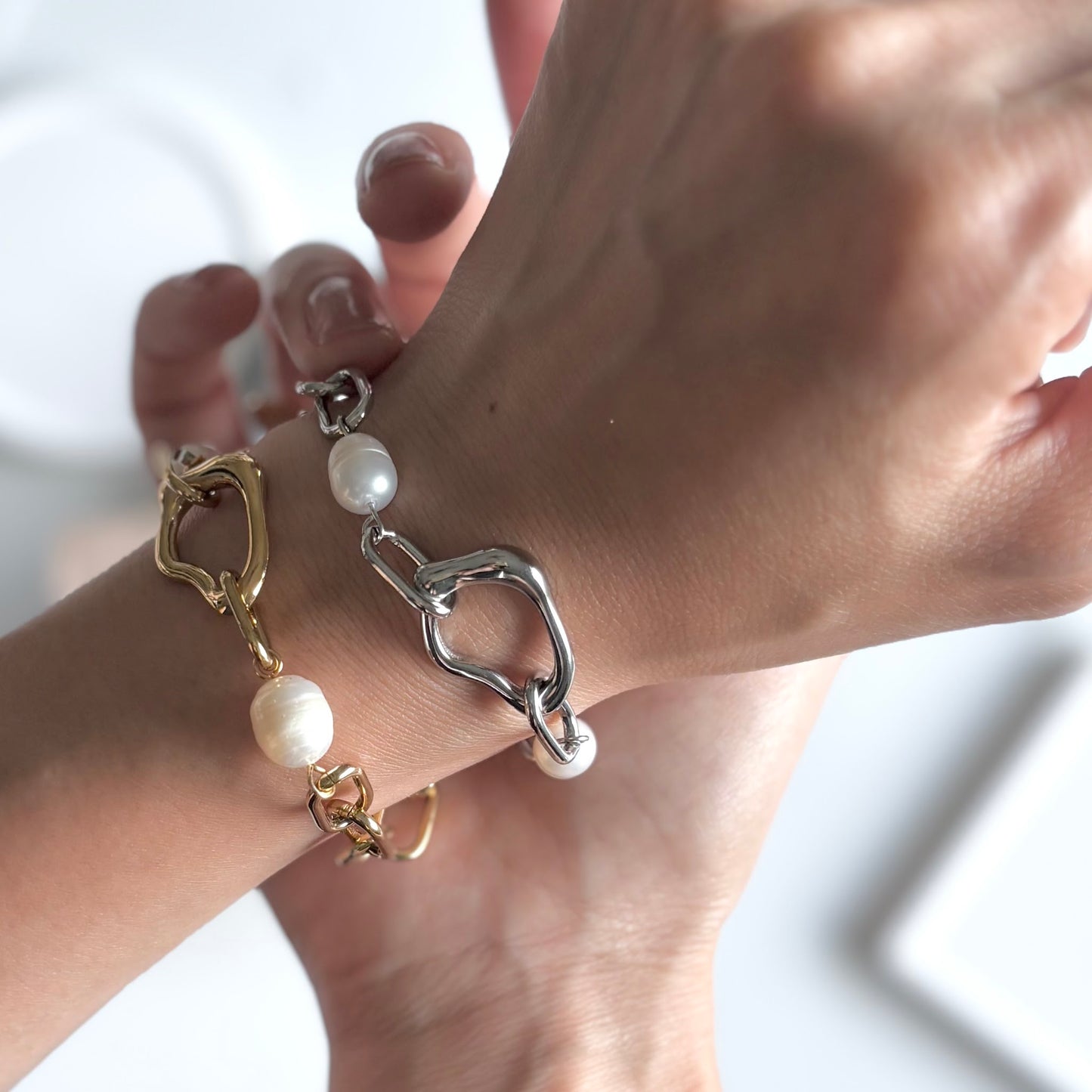【ステンレス】バロックパール ニュアンスモチーフ チェーンブレスレット
