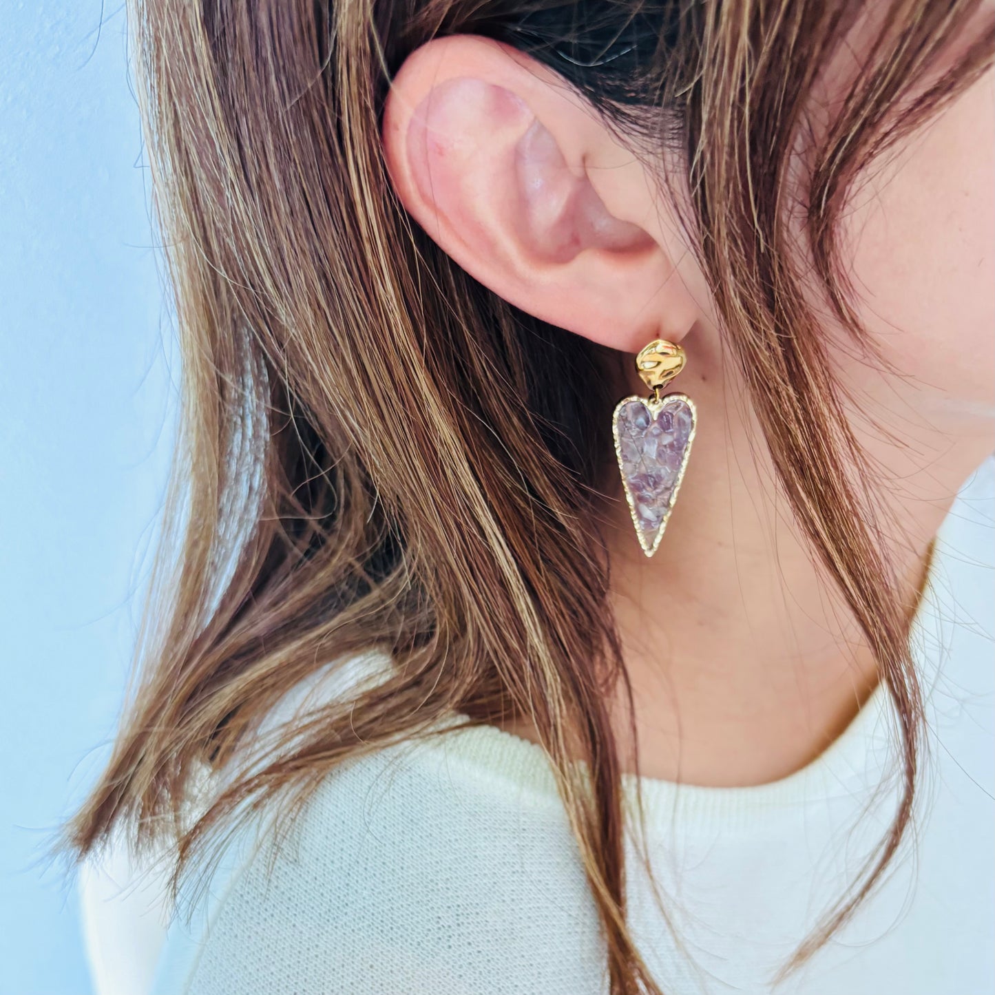 【ステンレス】ロングハートシェイプ ストーンピアス