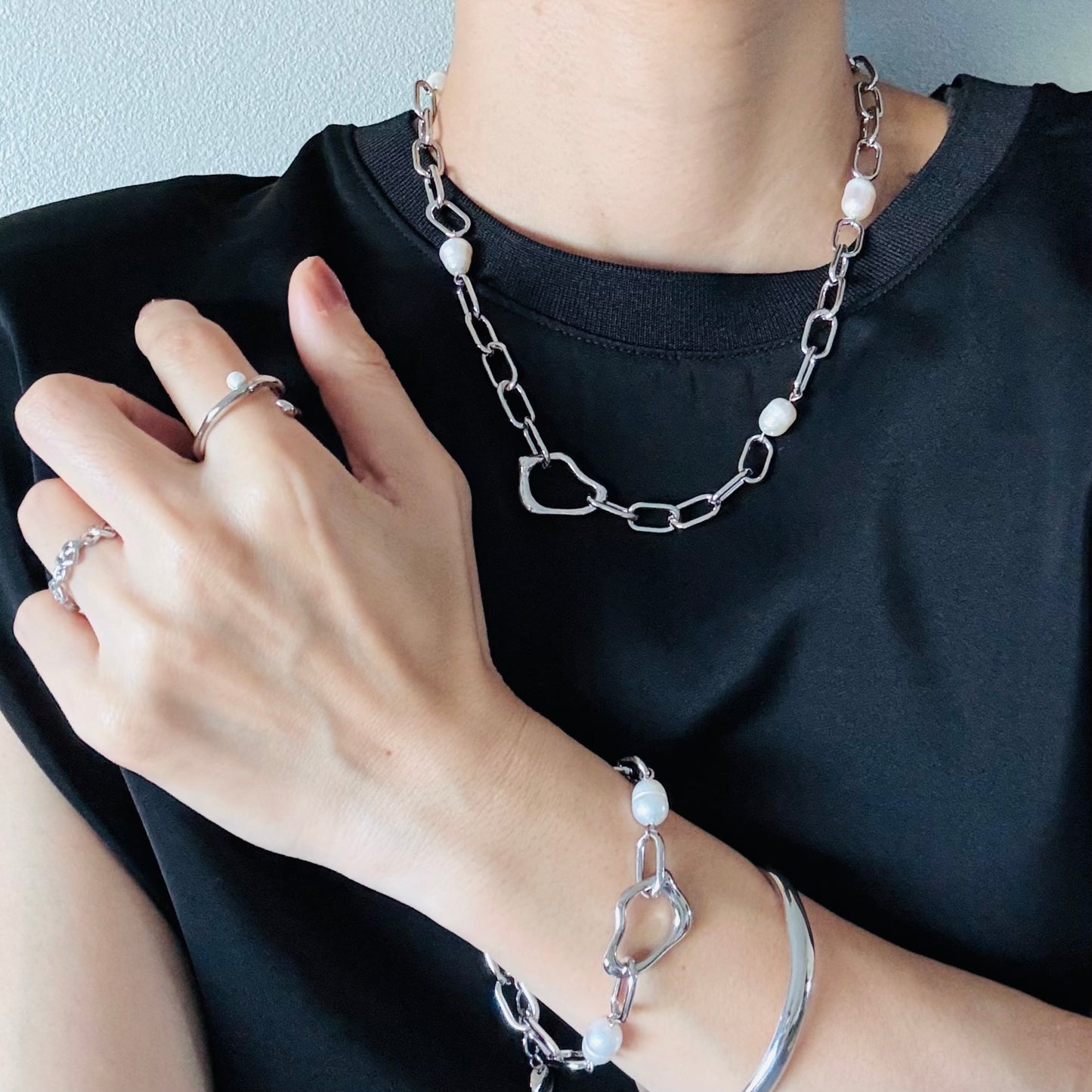 【ステンレス】バロックパール ニュアンスモチーフ チェーンネックレス