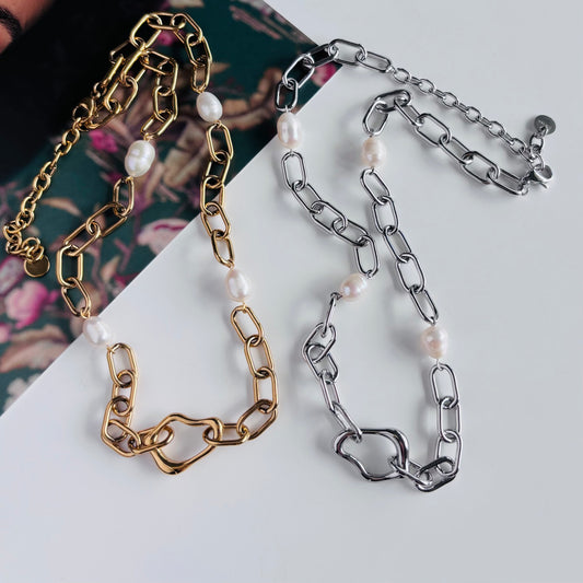 【ステンレス】バロックパール ニュアンスモチーフ チェーンネックレス　ゴールド
